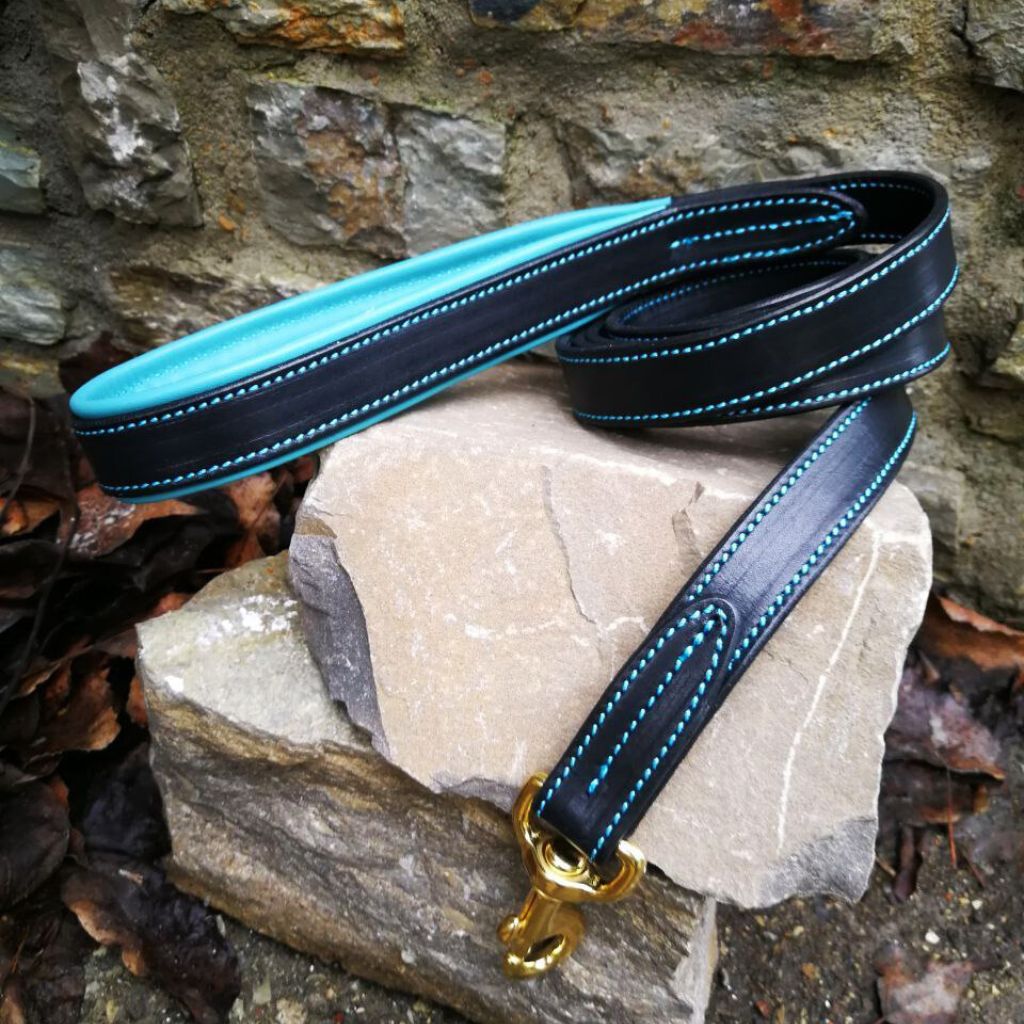 Leather Leash- Turquoise Center- Hand Painted & Tooled
