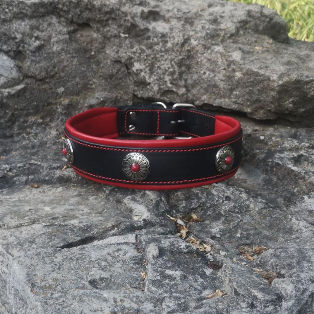 Red Stones Leather Dog Collar