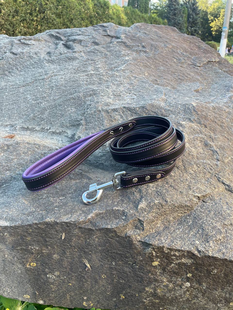 Black and Purple Leather Dog Collar and Leash Set