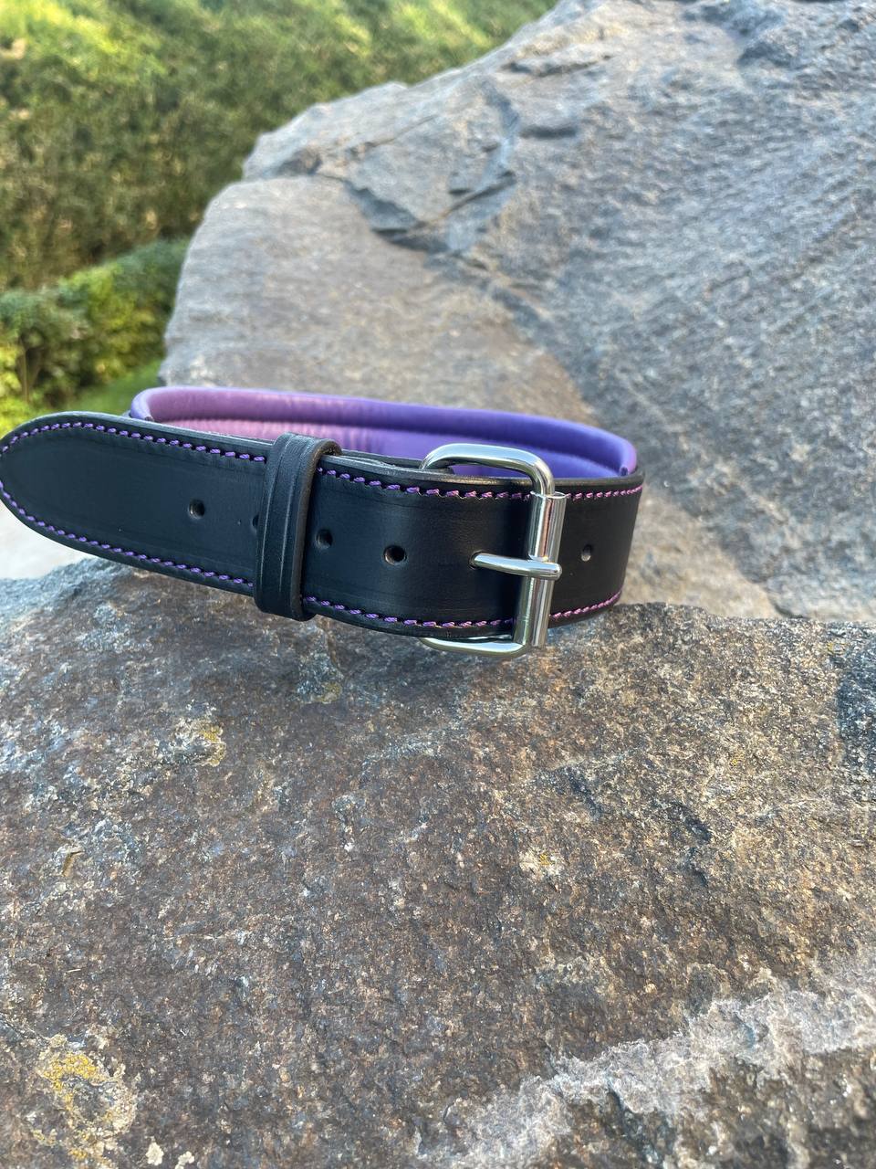 Black and Purple Leather Dog Collar and Leash Set