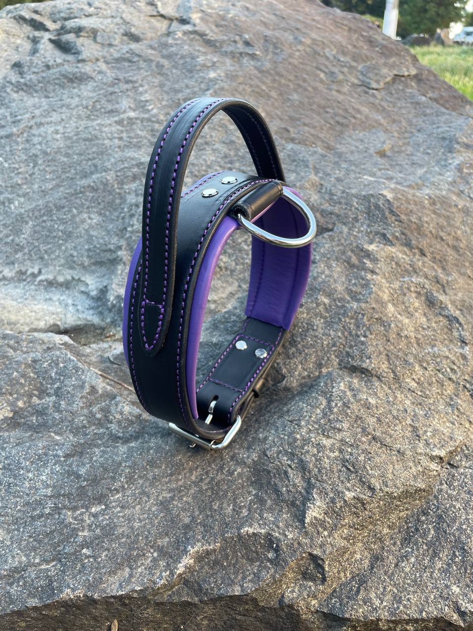 Black and Purple Leather Dog Collar and Leash Set