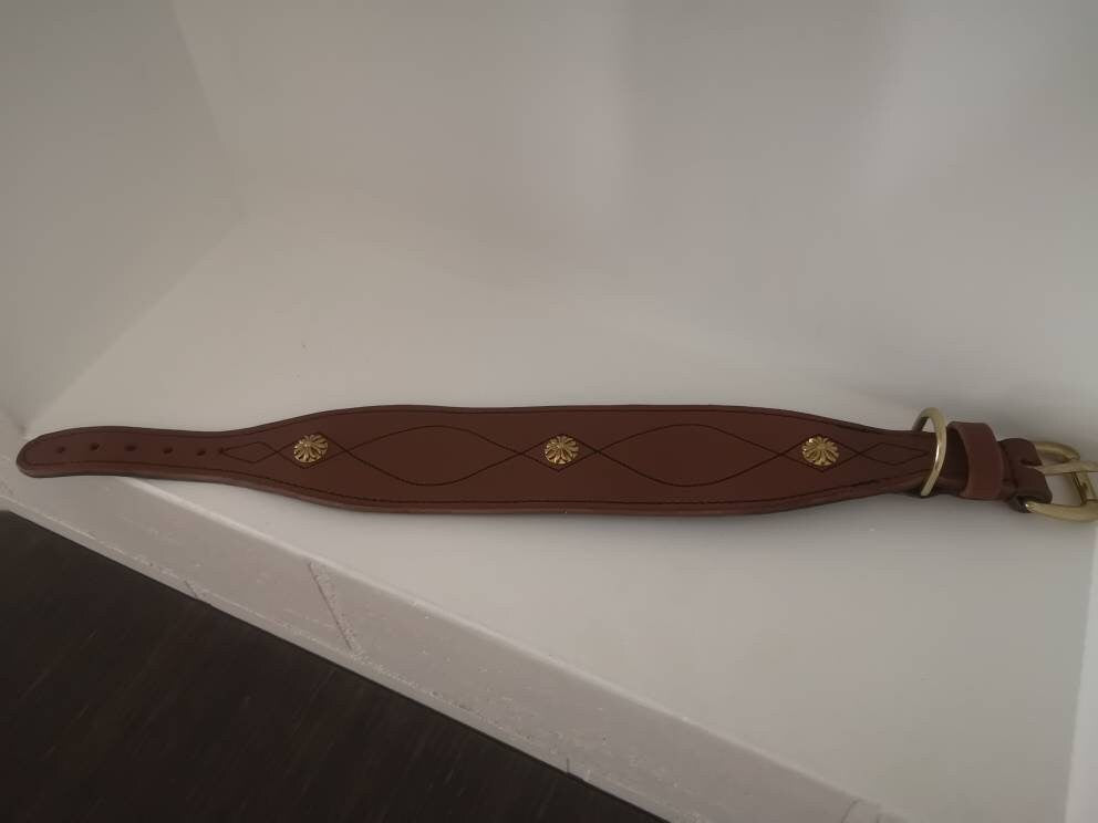 Chocolate brown leather dog collar and leash set decorated with solid brass fittings, greyhound, badger dog collar, leather leash