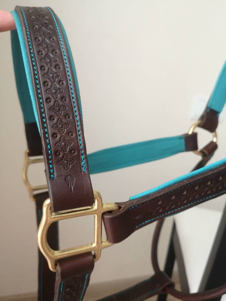 Leather brown and turquoise soft-padded tooled horse halter, Leather Halter, Horse halter, real leather halter with Solid Brass Hardware