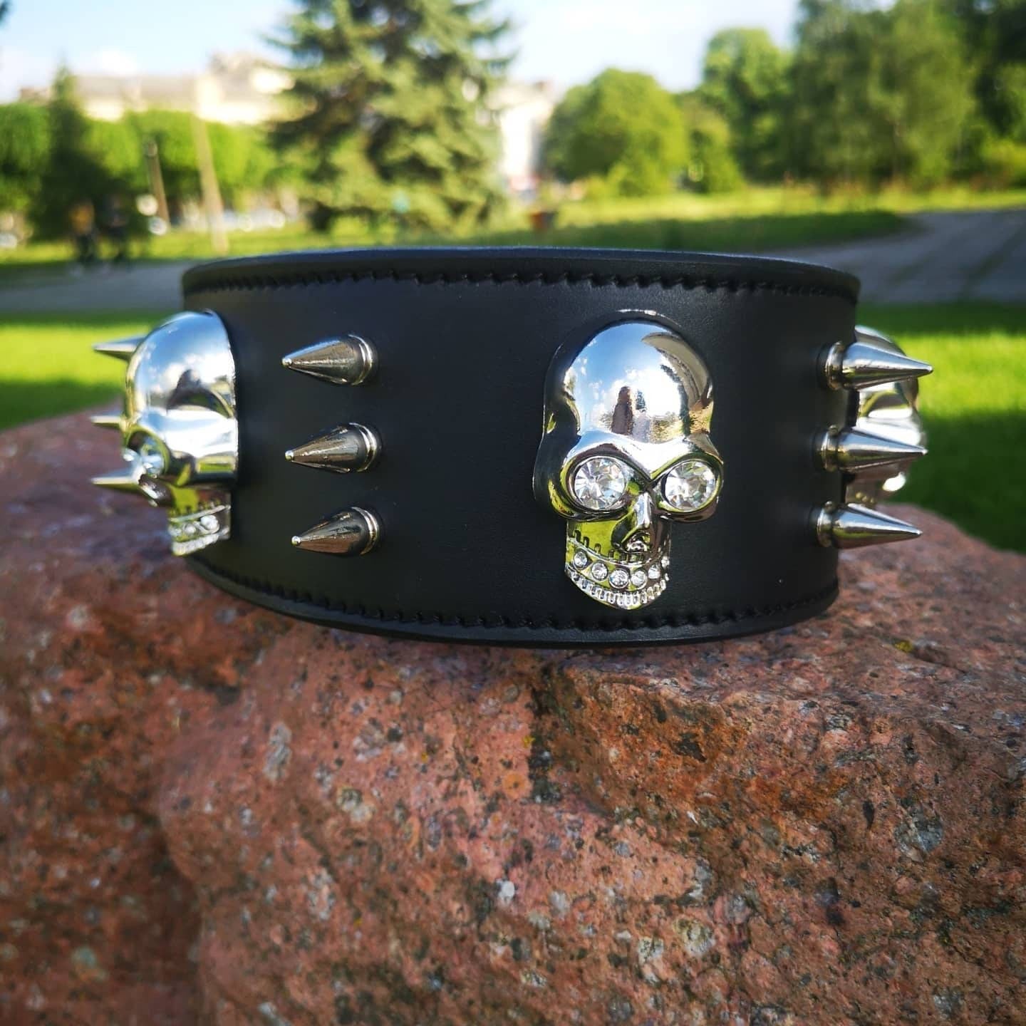 Leather Wide Dog Collar Decorated with Skulls and Spikes, Spiked Dog Collar for Big and Strong Dog, Dog Collar with Stainless Steel Buckle