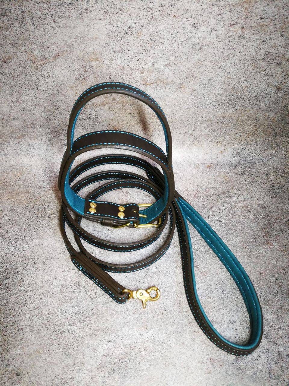 Brown and Turquoise Leather Dog Collar and Leash Matching Set, Leather Dog Collar and Leash, Dog Collar with Handle and Leash, Leash Collar