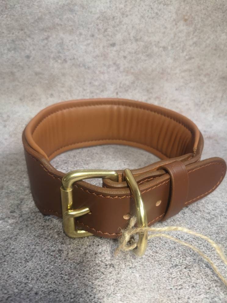 Personalized Wide Leather Dog Collar with Brass ID Tag Name Plate and Brass Buckle, 6 cm Wide Brown Tan Leather Dog Collar with Name