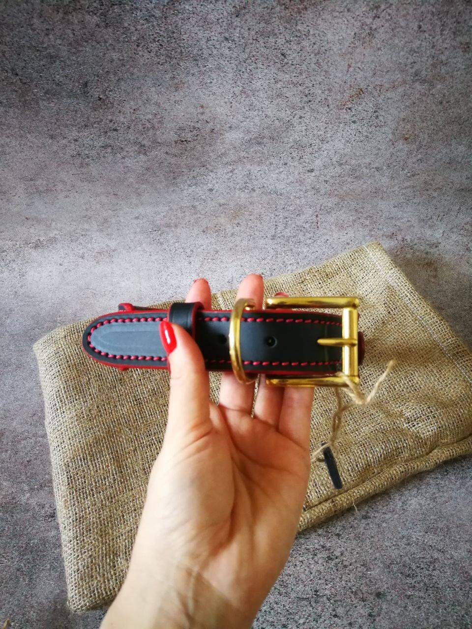 Black and Red Leather Dog Collar with Handle, Comfortable Handle Dog Collar, Padded Leather Dog Collar, Black Dog Collar with Red Stitch