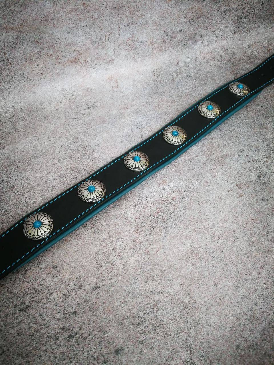 Turquoise Stones Conchos Leather Dog Collar, Female Leather Dog Collar, Turquoise Flower Leather Dog Collar, Blue Padded Leather Dog Collar
