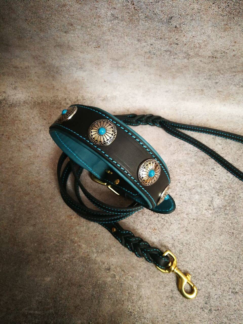 Turquoise Decor Leather Dog Collar and Leash Set, Black Turquoise Leather Dog Gear, Custom Leather Dog Collar Collar and Leash Set