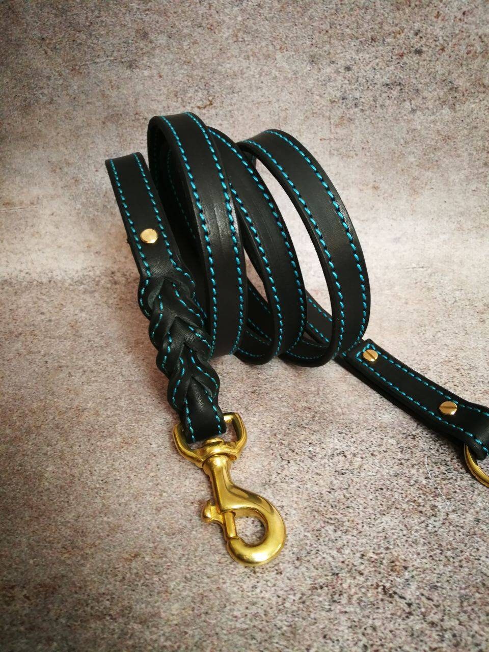 Braided Black Leather Turquoise Accent Dog Multi Purpose Custom Leash, Brass Snap 1 in Turquoise Decor Leather Dog Leash with Ring Function