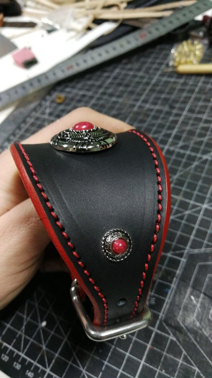 Lurcher Greyhound Whippet Saluki Leather Dog Collar Decorated, Red Black Dog Collar, Beautiful Conchos Dog Collar, Custom Dog Collar