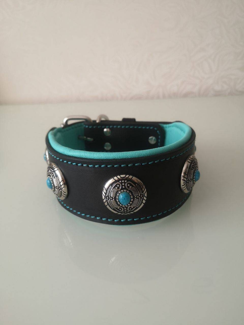 Mint Leather Dog Collar, 2 in padded collar for big dog, Luxury Leather Dog Collar, Turquoise Flower Decor Leather Collar, Custom Dog collar