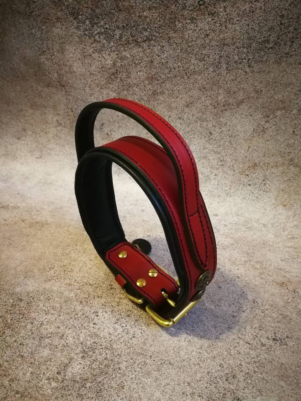 Red Leather Padded Dog Collar, Wide Dog Collar with Soft Padding, Genuine Leather Collar for Big Medium Dog, Handle Dog Collar, Dog Style