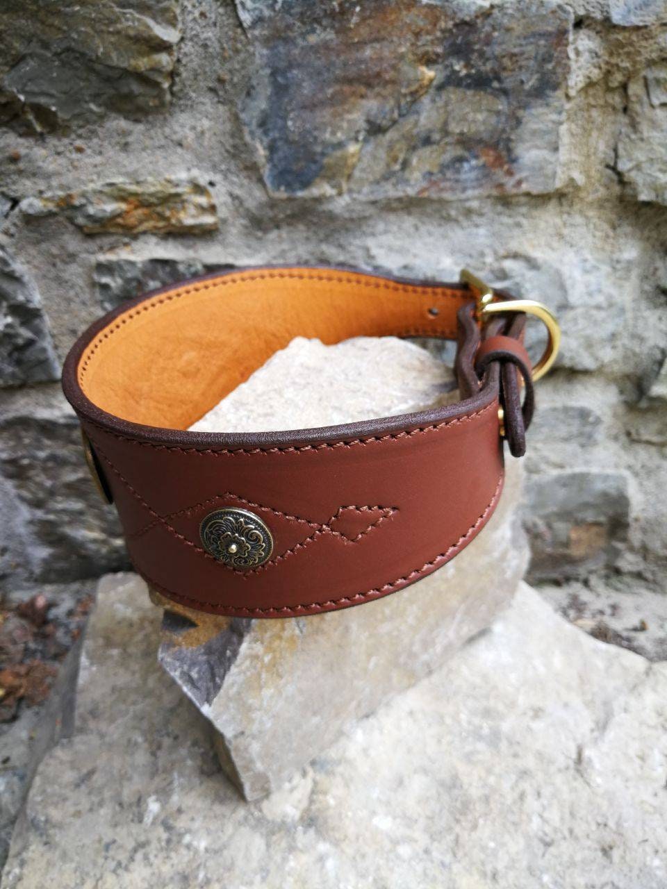 Luxury Brown Leather Dog Collar with decor, Wide Dog Collar with solid brass buckle, Hound Dog Collar, Elegant cognat Dog Collar