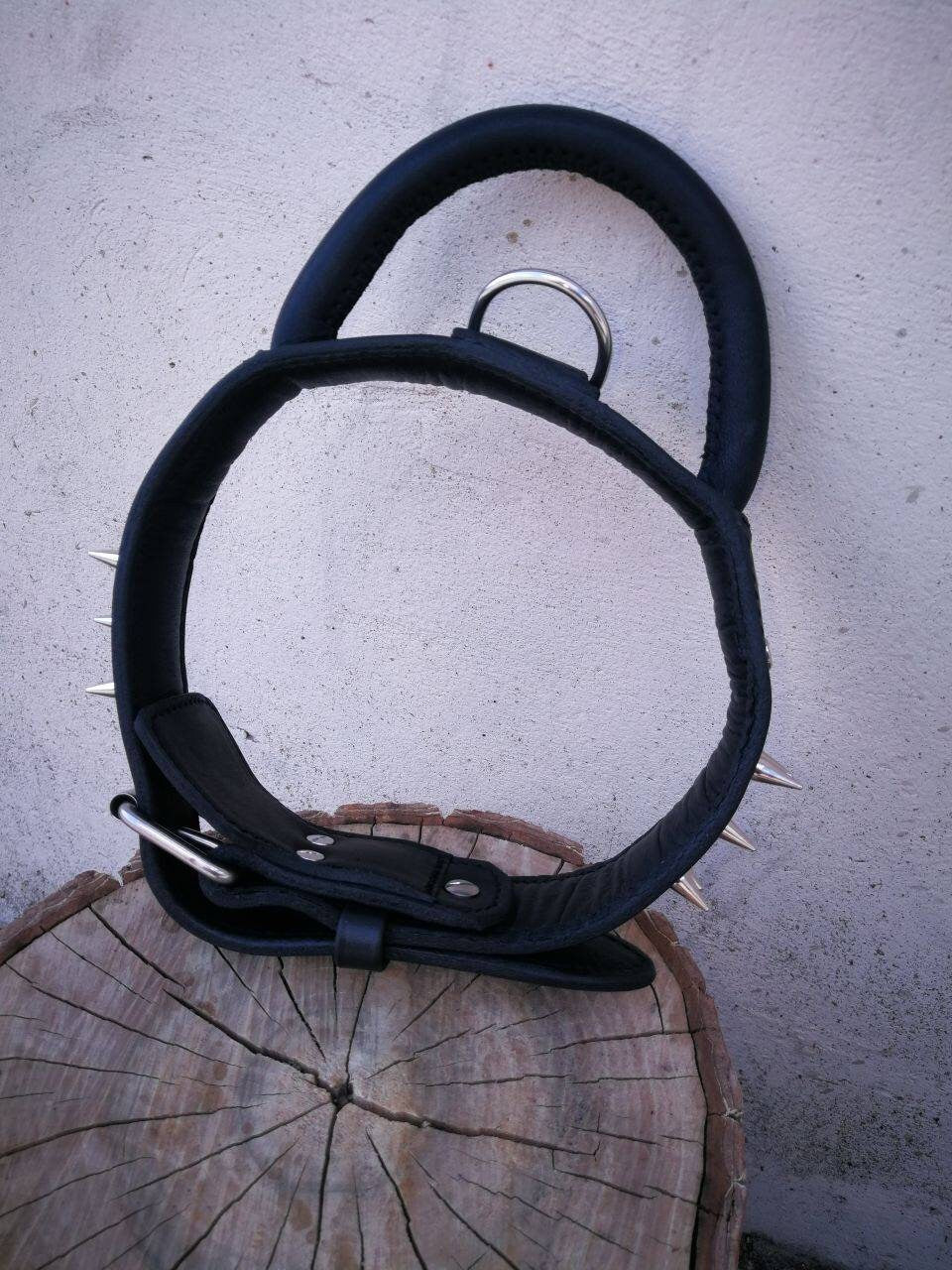 Thick handle leather dog collar for big dog, Heavy Duty leather dog collar with spikes, padded handle dog collar, padded collar with handle