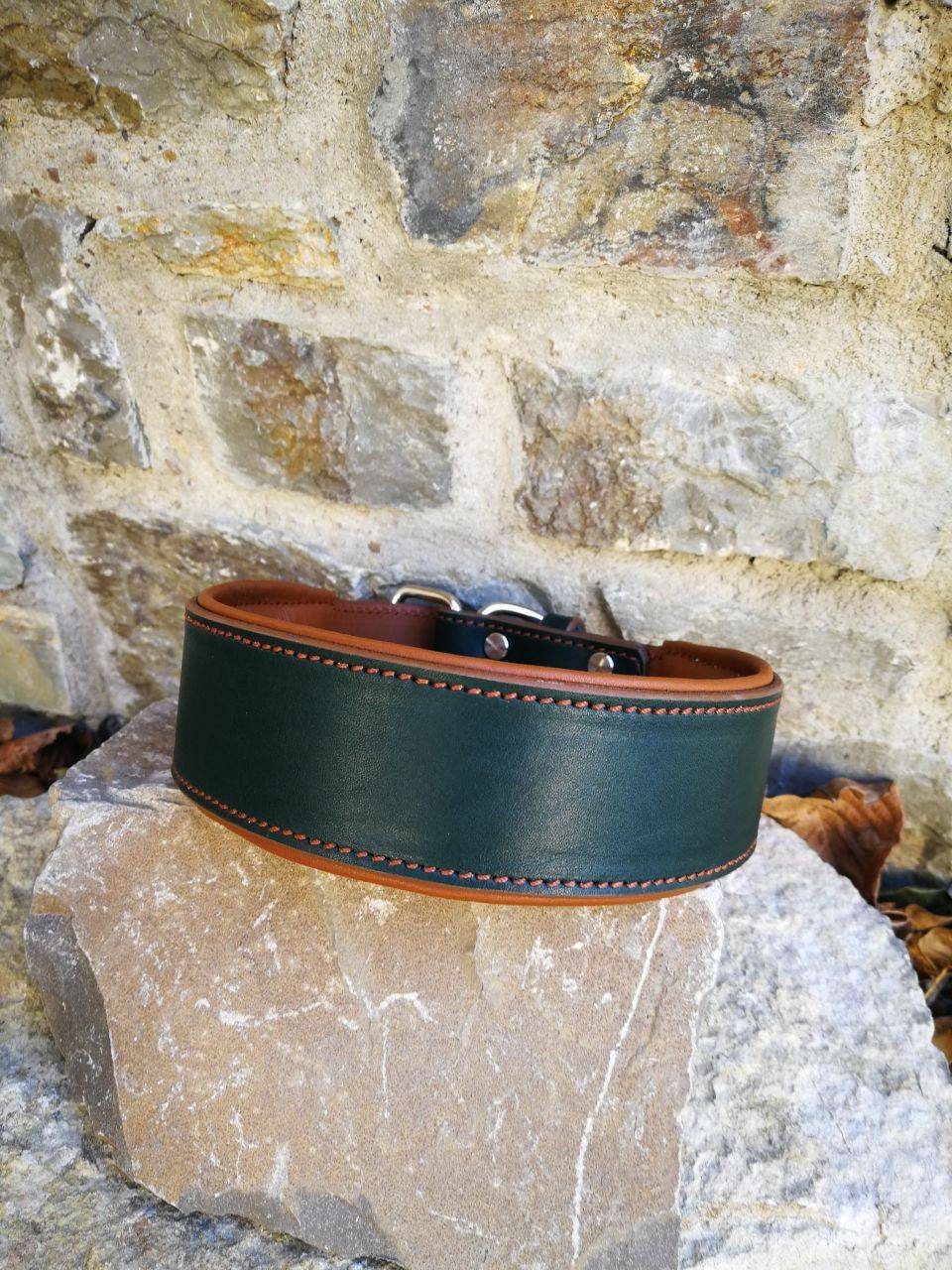 Green Leather Dog Collar Padded Brown Leather Collar Luxury Leather Dog Collar