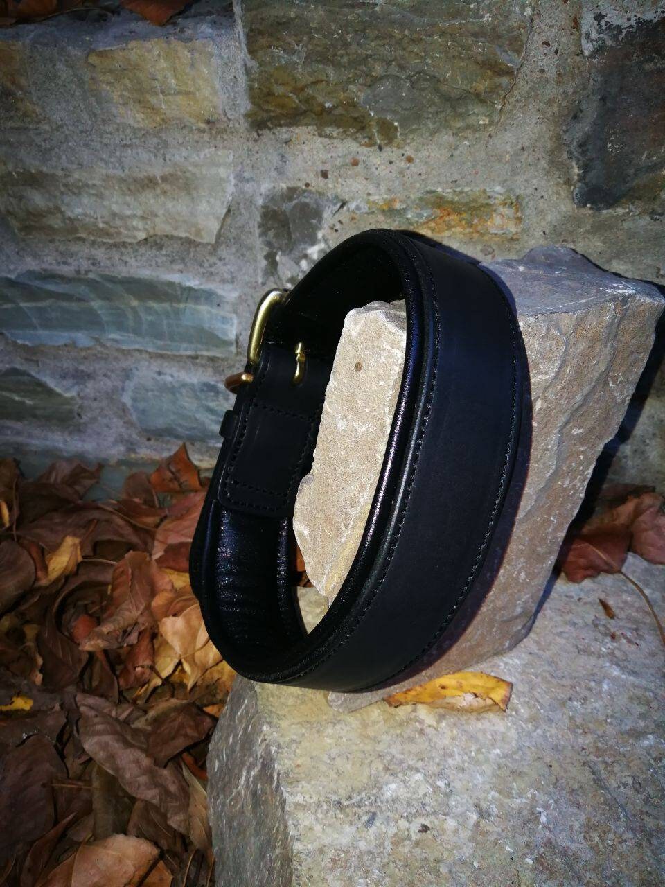 Classic Italian Leather Dog Collar, Wide Black Leather Padded Dog Collar with soft cushion and solid brass buckle for big and medium dogs