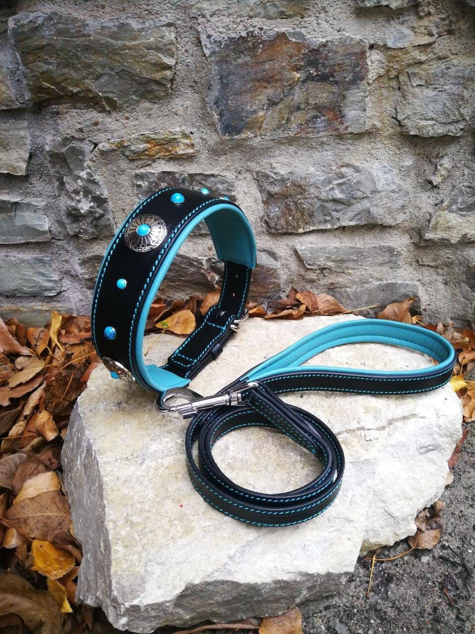 Turquoise Stones Leather Dog Collar with Turquoise Leather Leash Western Conchos Dog Collar and Leash Set Flower Leather Dog Set