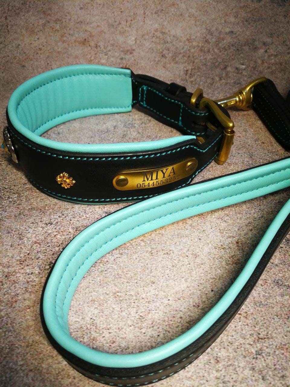 Turquoise Stones Personalized Leather Dog Collar and Leash Set Dog Collar with Turquoise Stones Personalized Collar for Dog Collar with Tag
