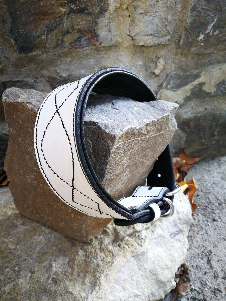 White Leather Dog Collar, Black and White Classic Stylish Dog Collar, Leather Padded Dog Collar, Stitched Dog Collar, Wide Leather Collar