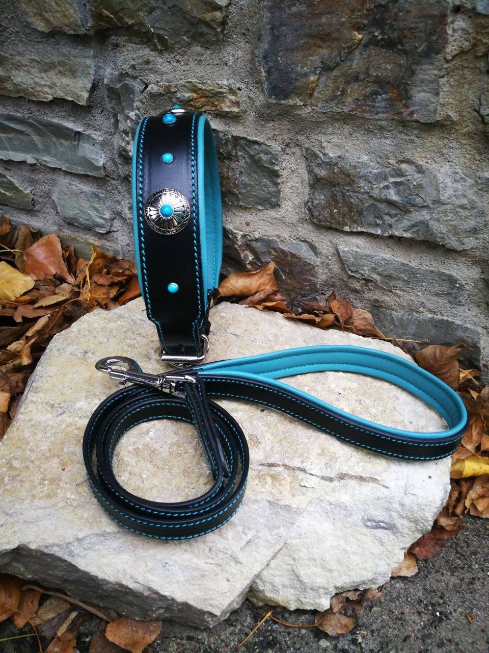 Turquoise Stones Leather Dog Collar with Turquoise Leather Leash Western Conchos Dog Collar and Leash Set Flower Leather Dog Set