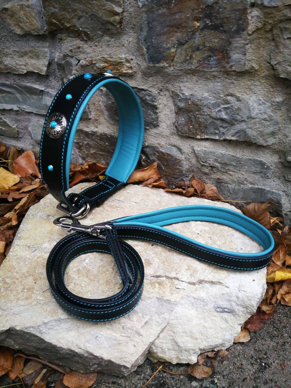 Turquoise Stones Leather Dog Collar with Turquoise Leather Leash Western Conchos Dog Collar and Leash Set Flower Leather Dog Set