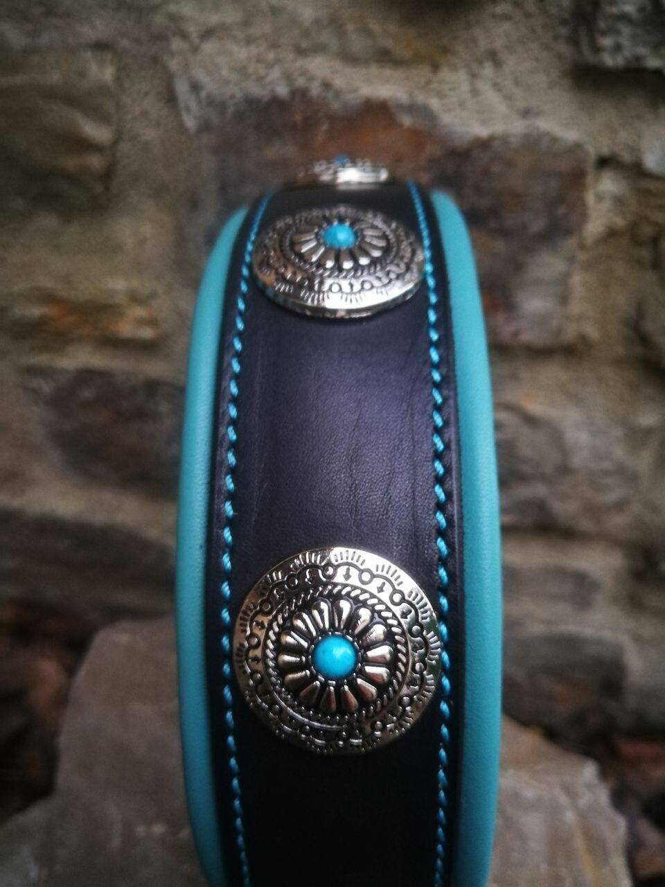 Turquoise Dog Collar Leather Turquoise Stone Dog Collar Leather Dog Collar with Turquoise Stones Padded Leather Collar for Big Dog Collar