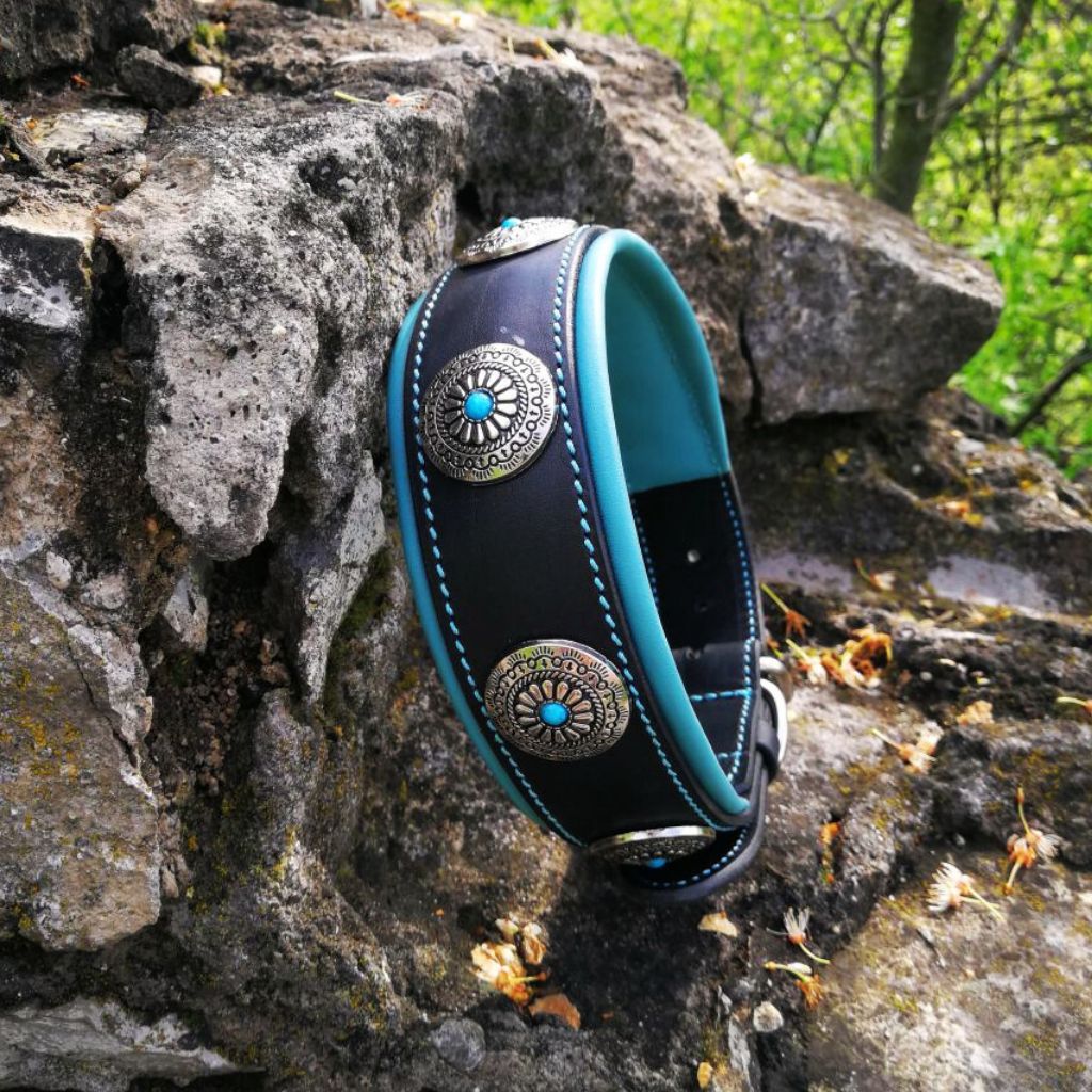 Leather Dog Collar with Conchos Turquoise Stones