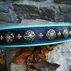 Turquoise Leather Dog Collar with Gold Rivets