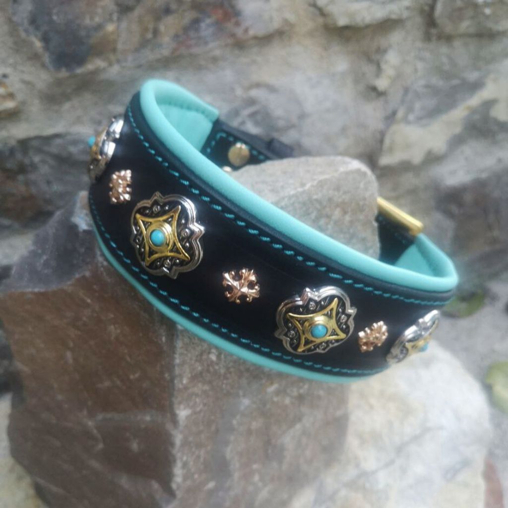 Turquoise Leather Dog Collar with Gold Rivets