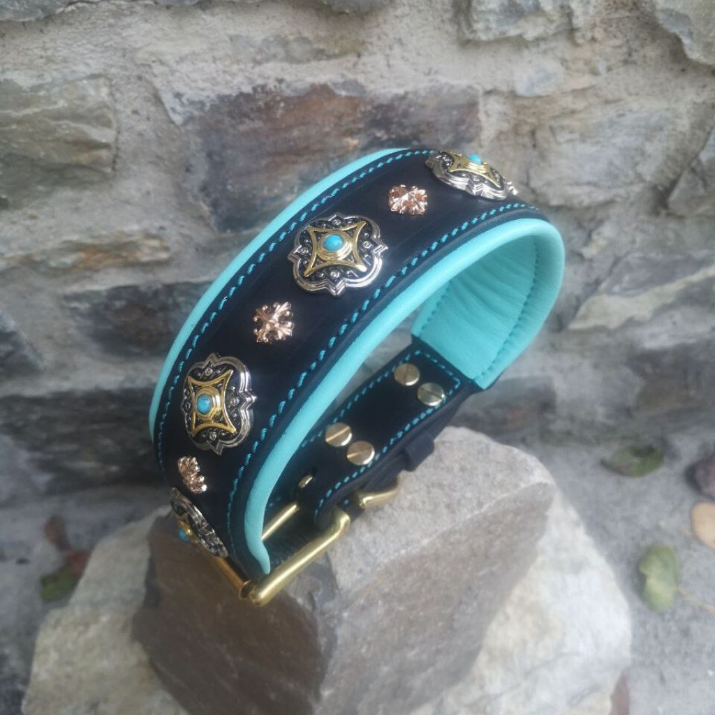 Turquoise Leather Dog Collar with Gold Rivets