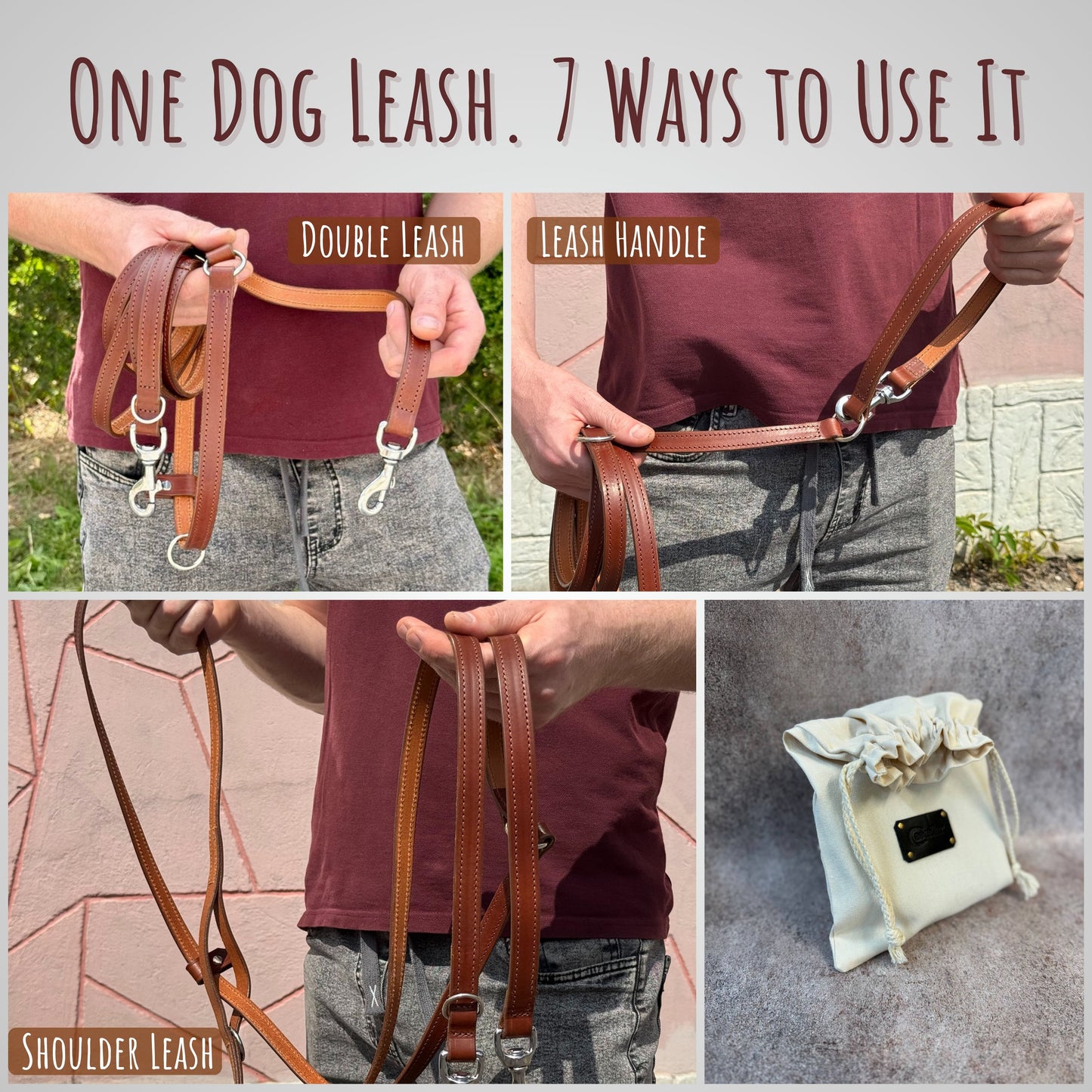 Full grain leather multifunctional 6 way dog leash