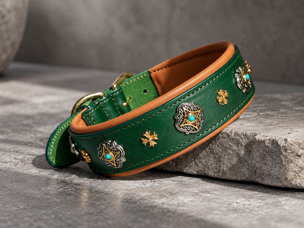 Green Leather Dog Collar with Royal Conchos