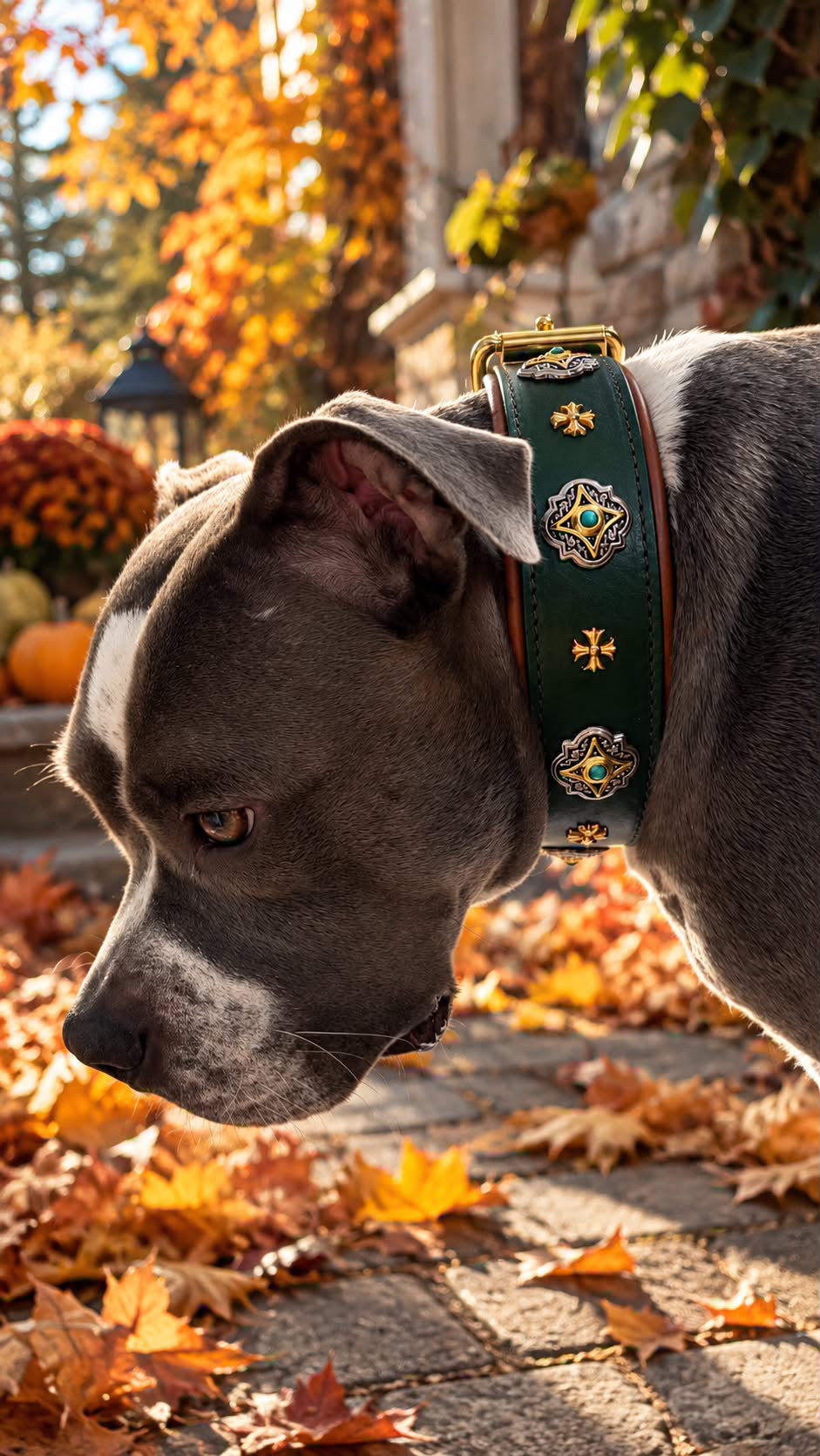 Green Leather Dog Collar with Royal Conchos