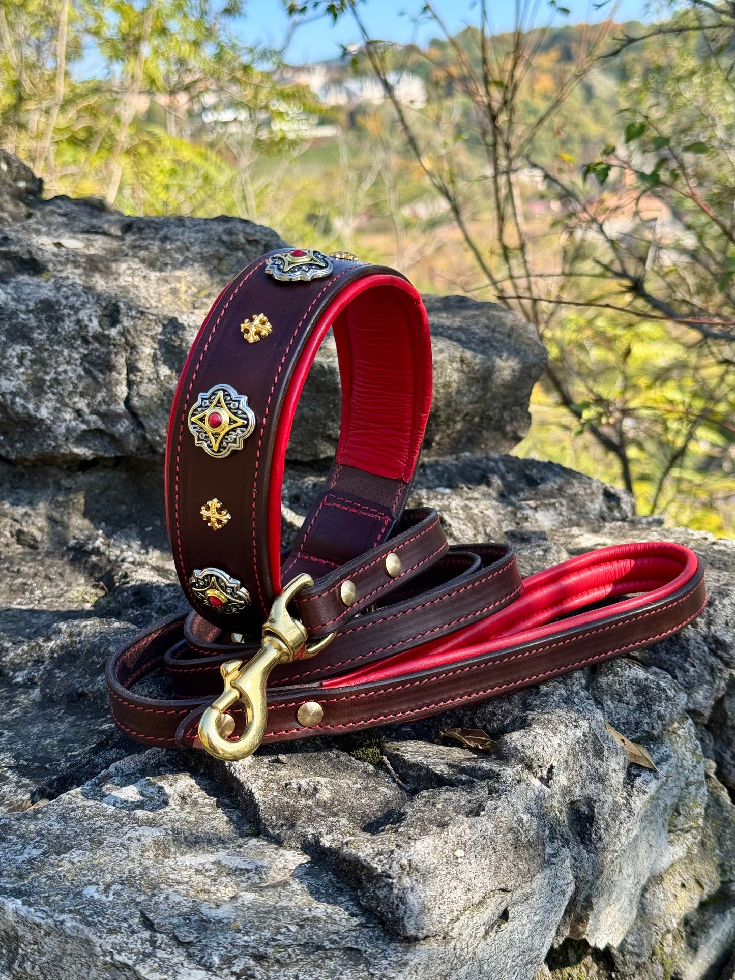 Luxury Leather Collar & Leash Set with Conchos, Perfect for Mastiff, Doberman