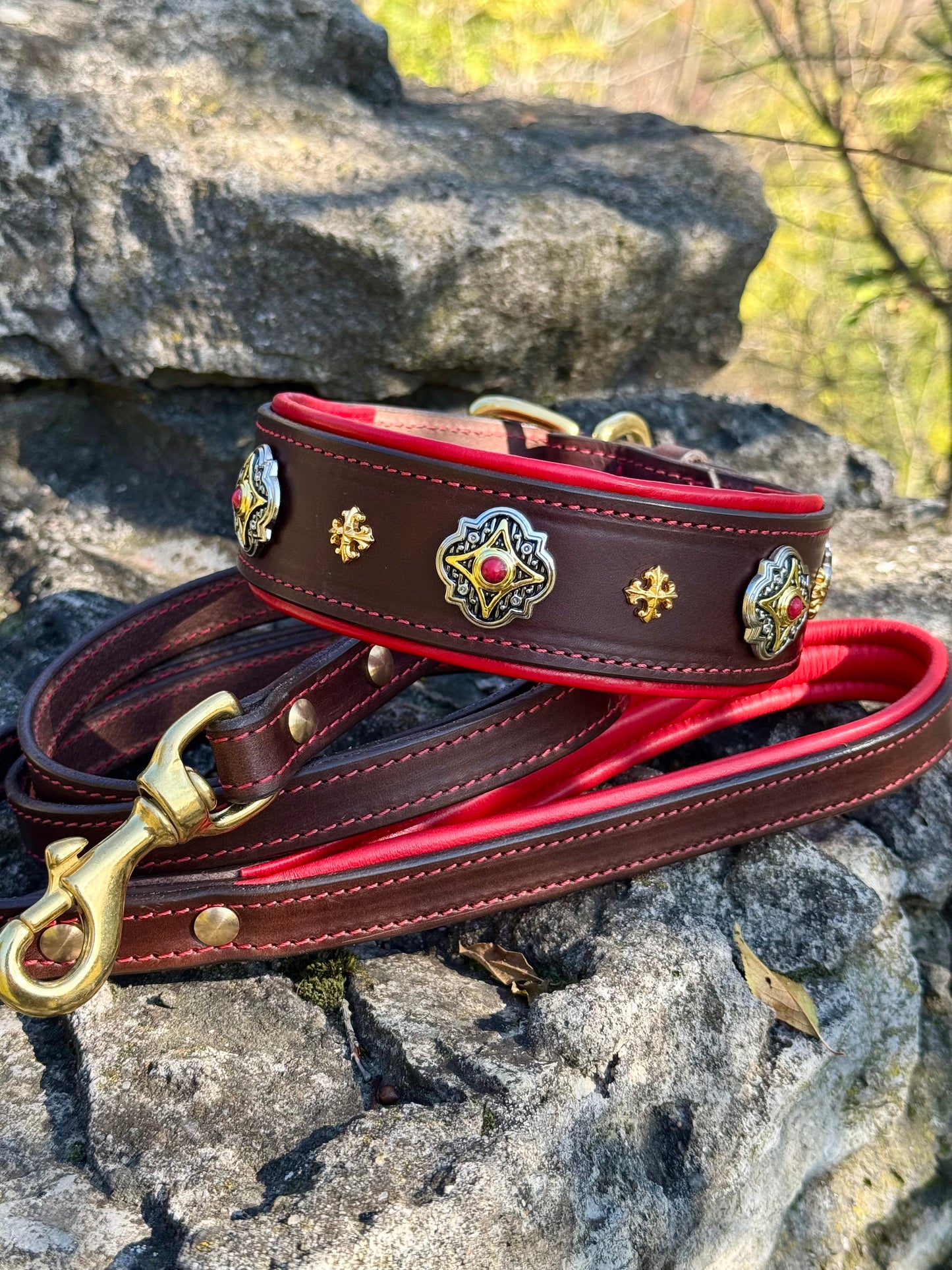 Luxury Leather Collar & Leash Set with Conchos, Perfect for Mastiff, Doberman