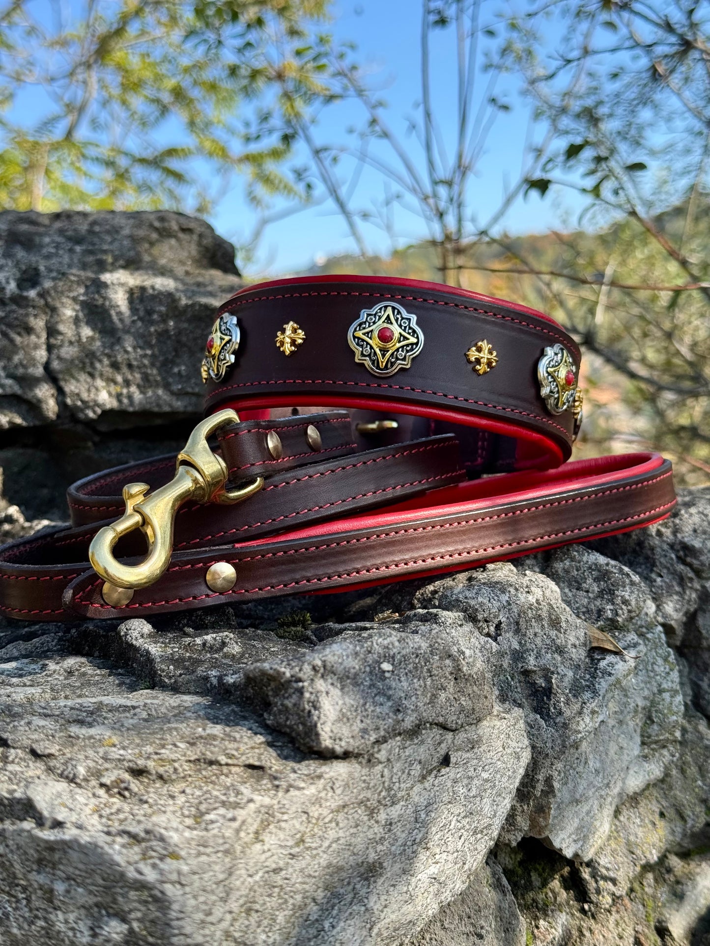 Luxury Leather Collar & Leash Set with Conchos, Perfect for Mastiff, Doberman