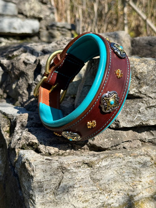Brown Leather Dog Collar with Turquoise Soft Padding