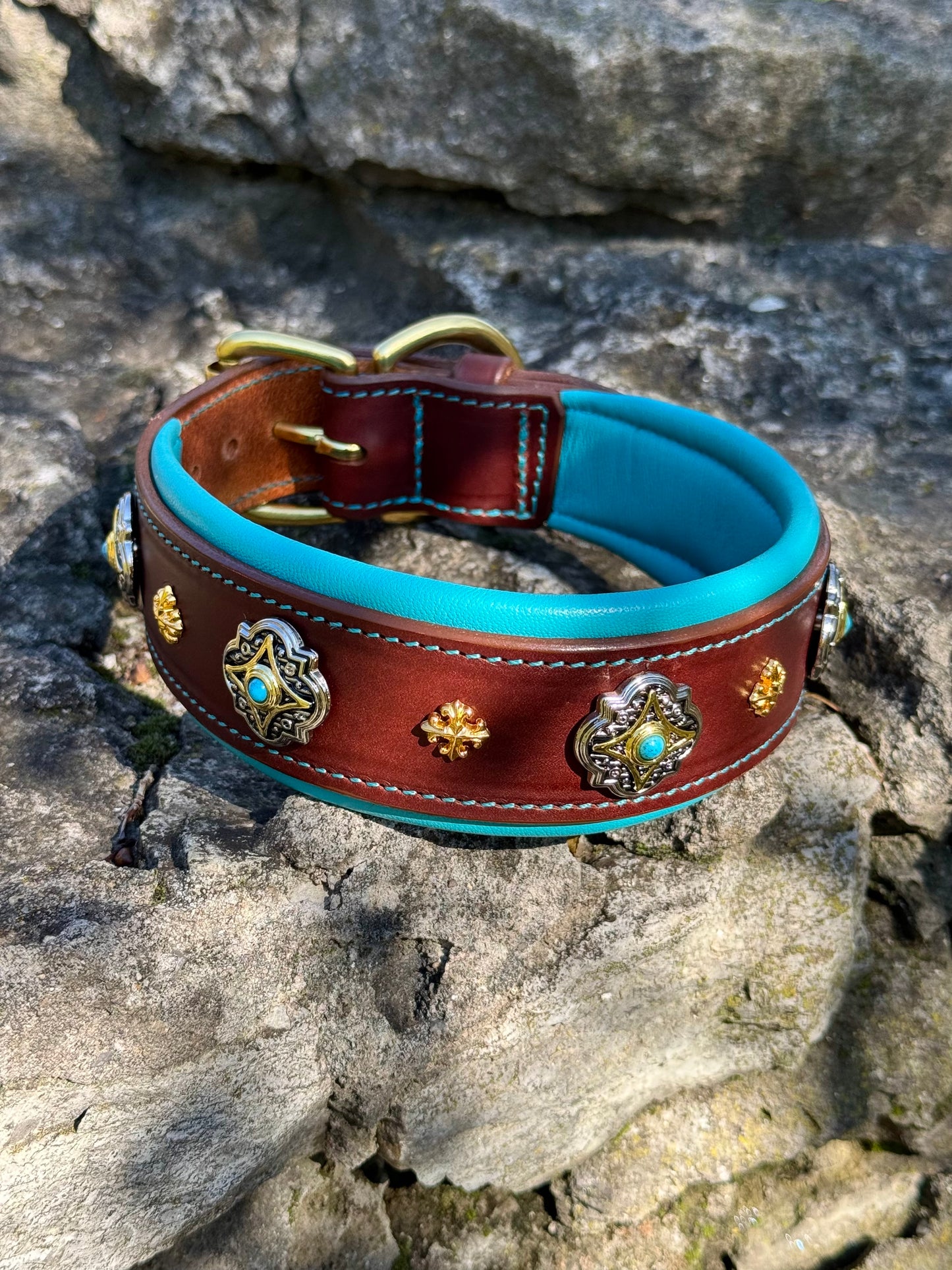 Brown Leather Dog Collar with Turquoise Soft Padding