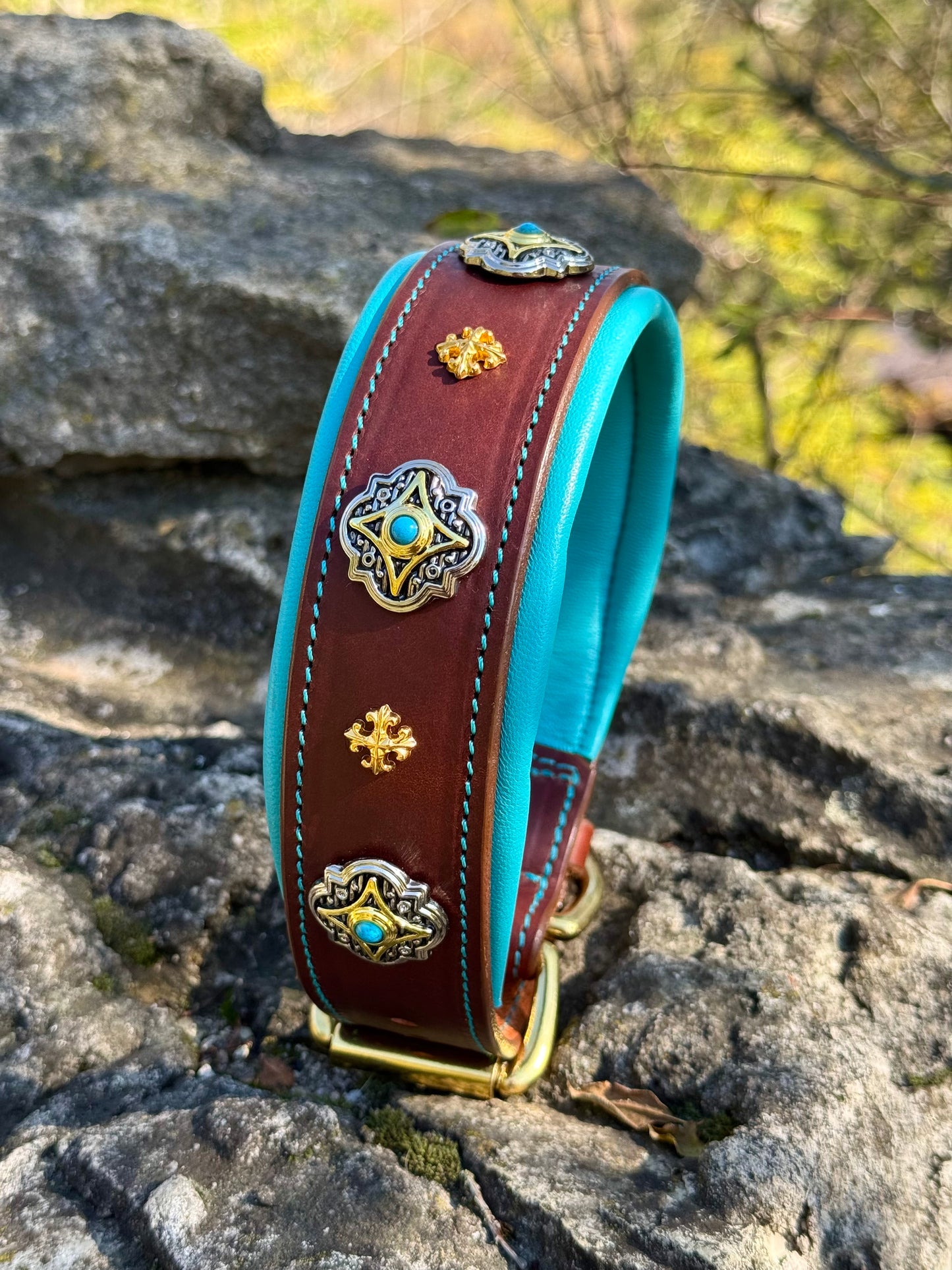 Brown Leather Dog Collar with Turquoise Soft Padding