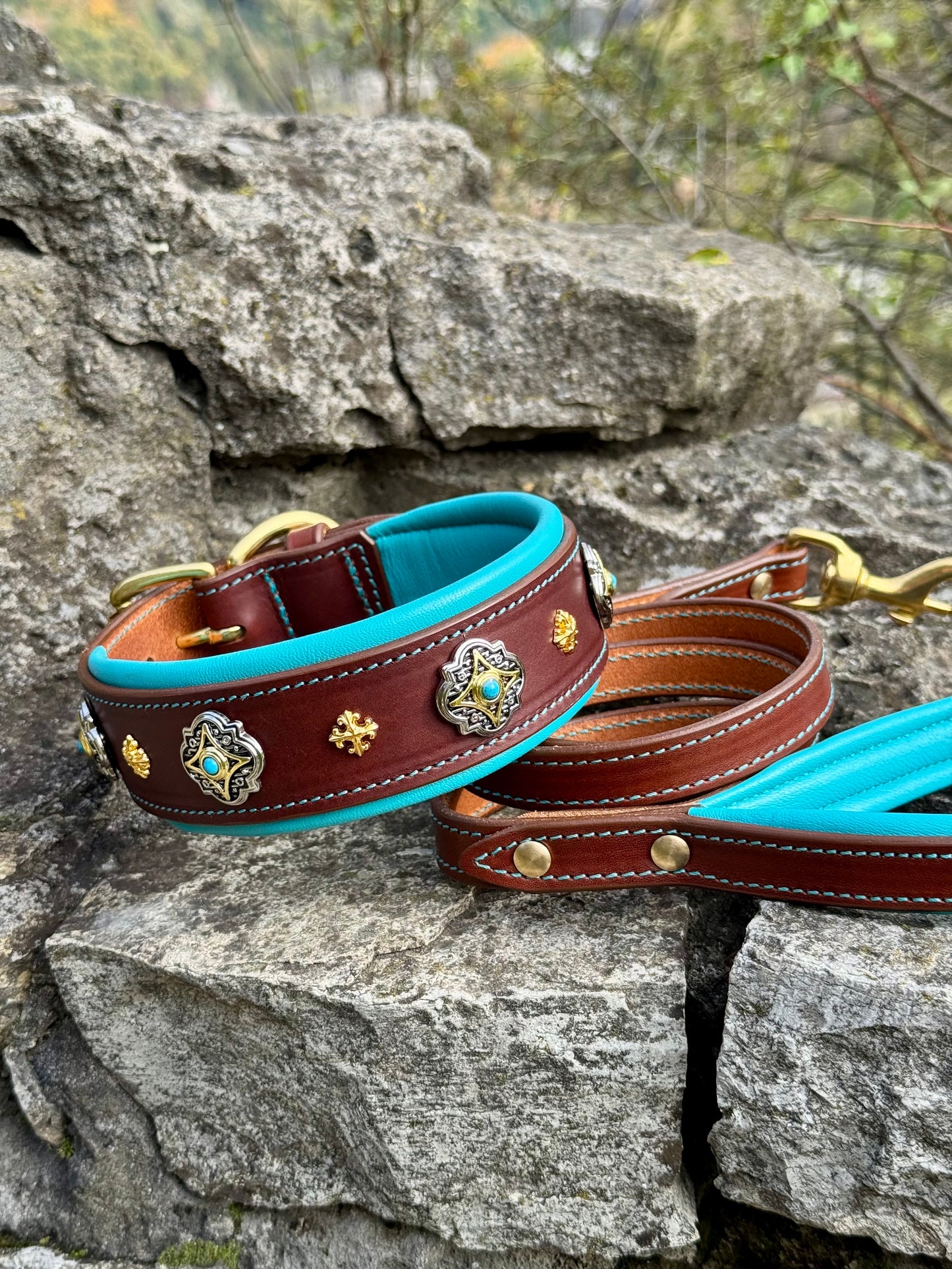 Padded Leather Collar and Leash Set with Conchos for Large Dogs — Doberman, Dane