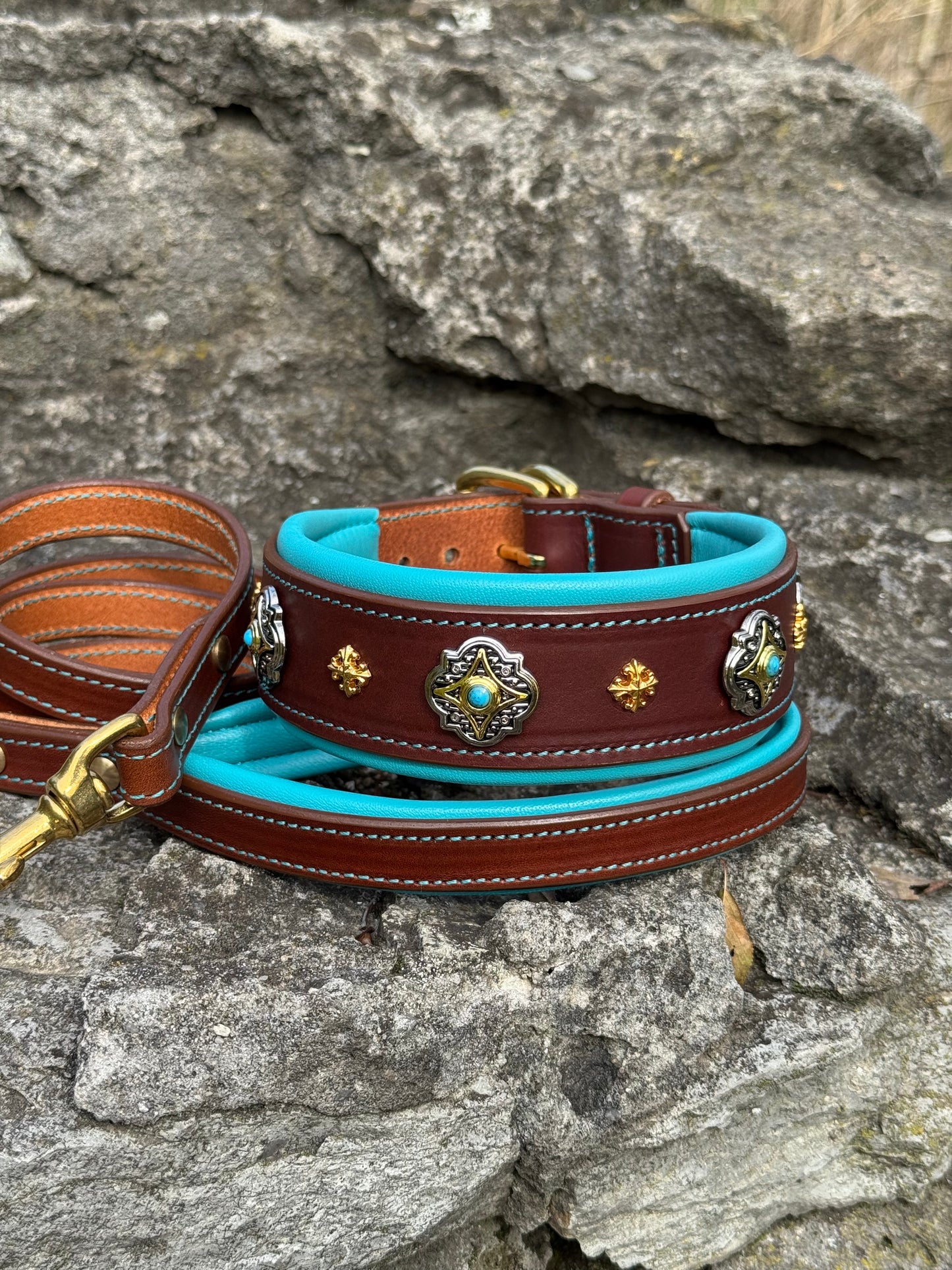 Padded Leather Collar and Leash Set with Conchos for Large Dogs — Doberman, Dane