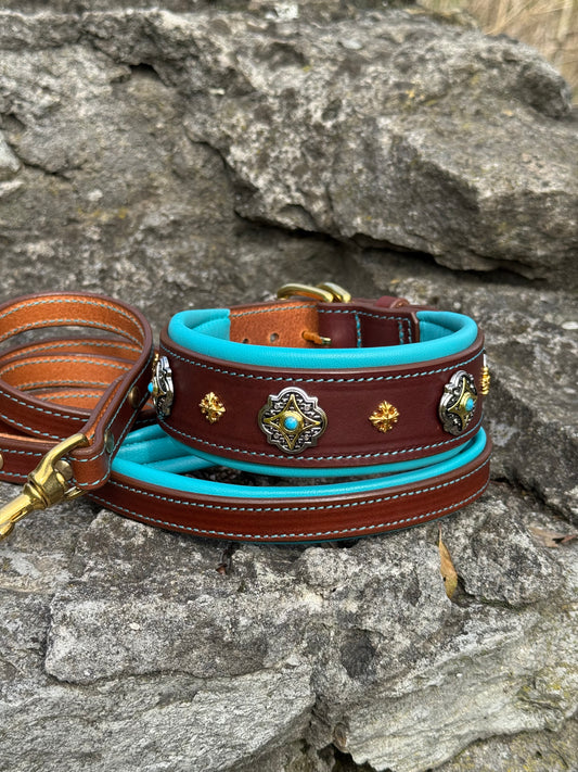 Padded Leather Collar and Leash Set with Conchos for Large Dogs — Doberman, Dane