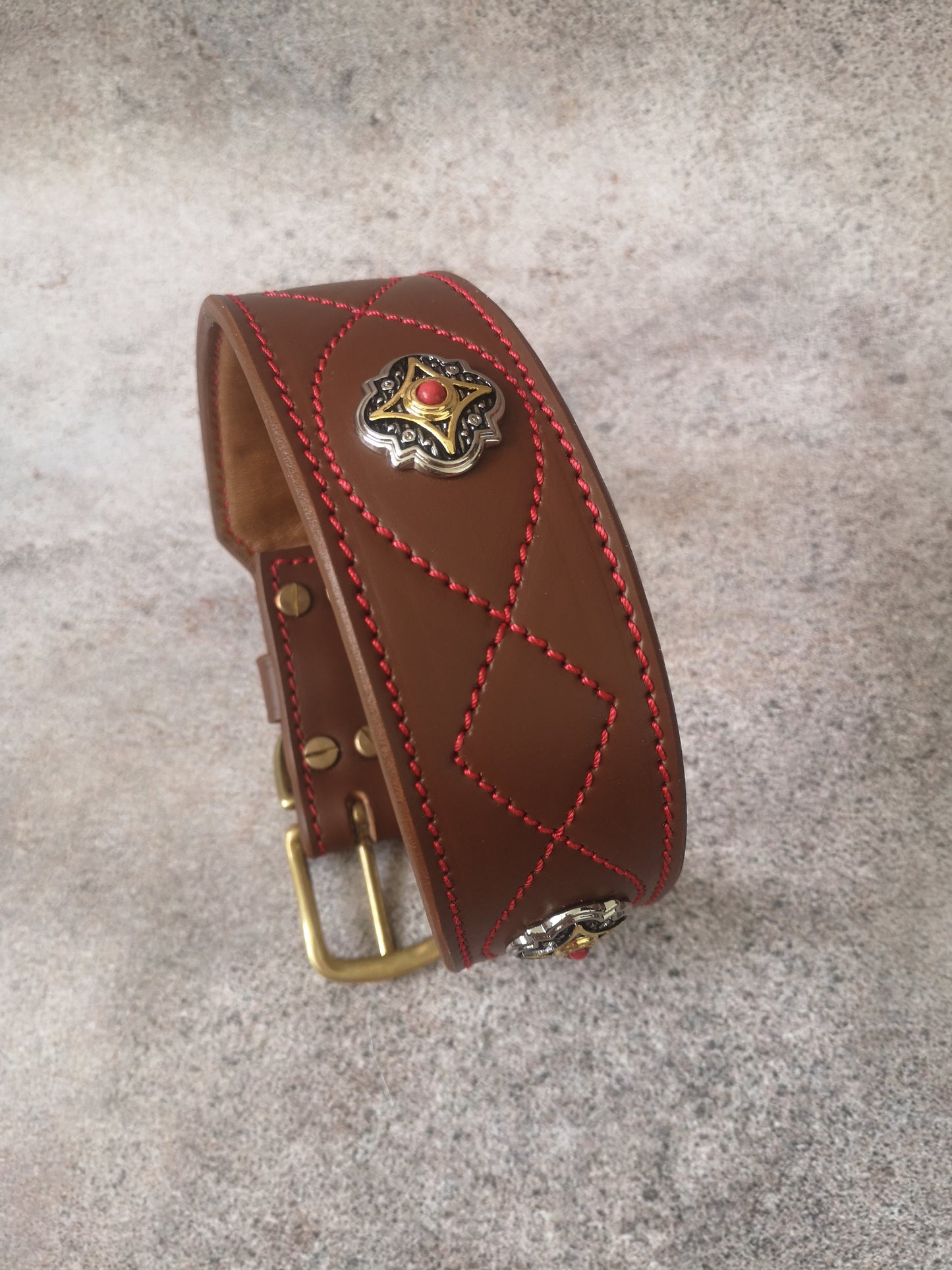 Brown Cognac Leather Dog Collar with Conchos