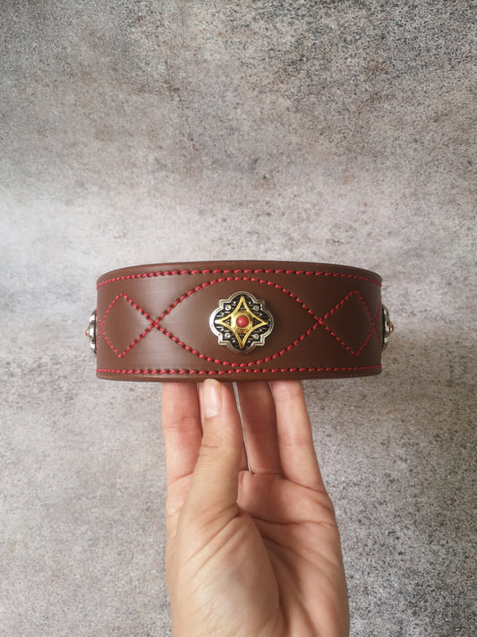 Brown Cognac Leather Dog Collar with Conchos