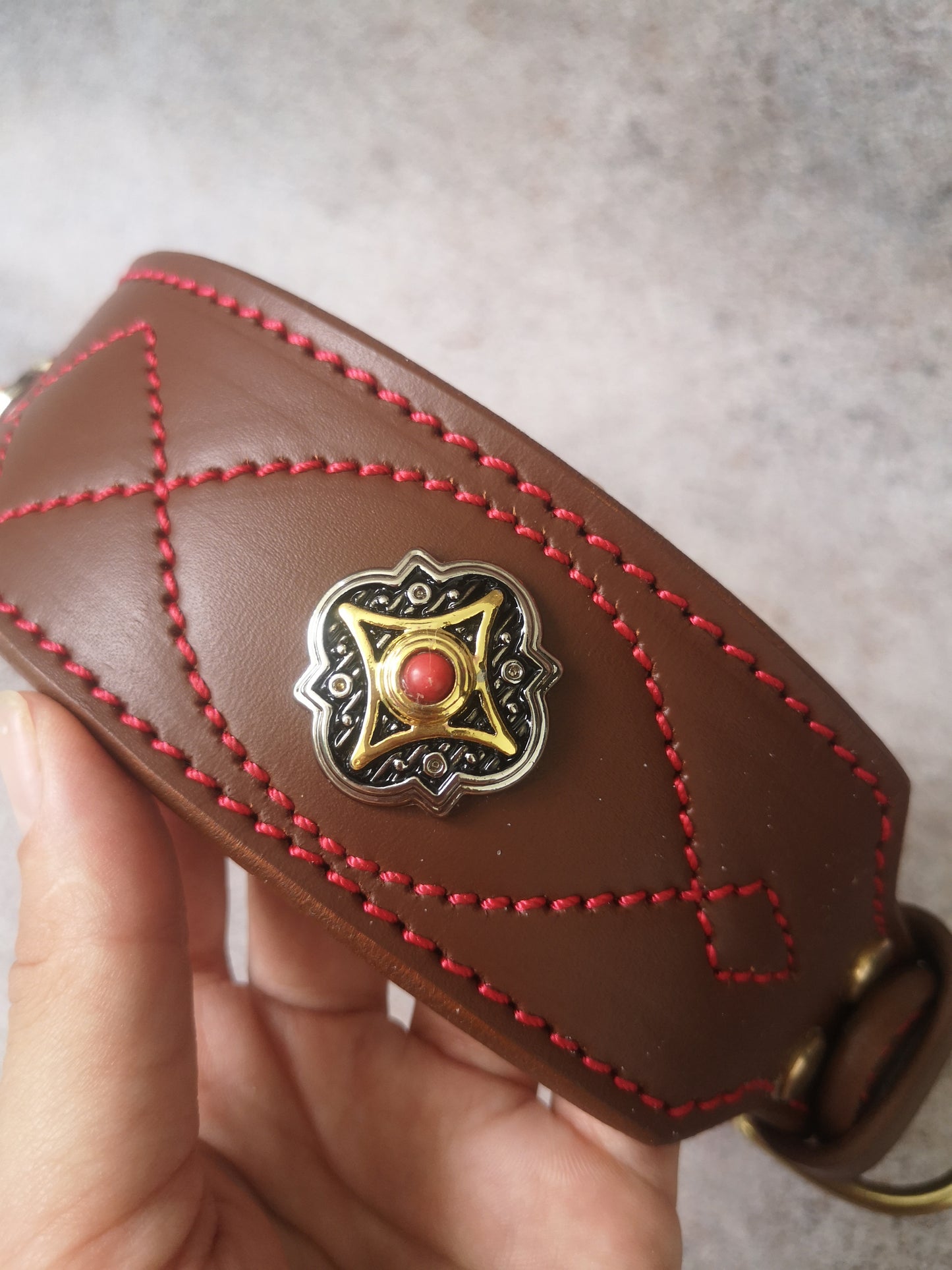 Brown Cognac Leather Dog Collar with Conchos