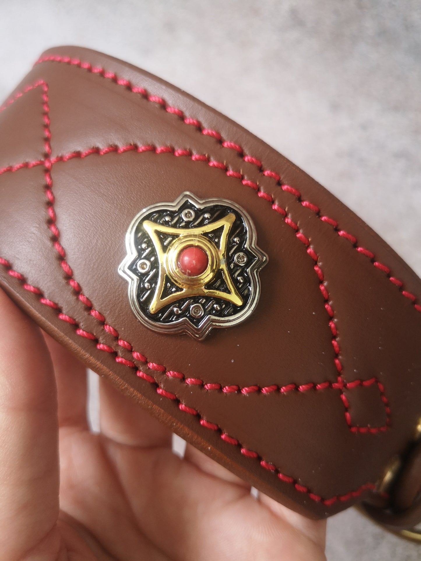 Brown Cognac Leather Dog Collar with Conchos