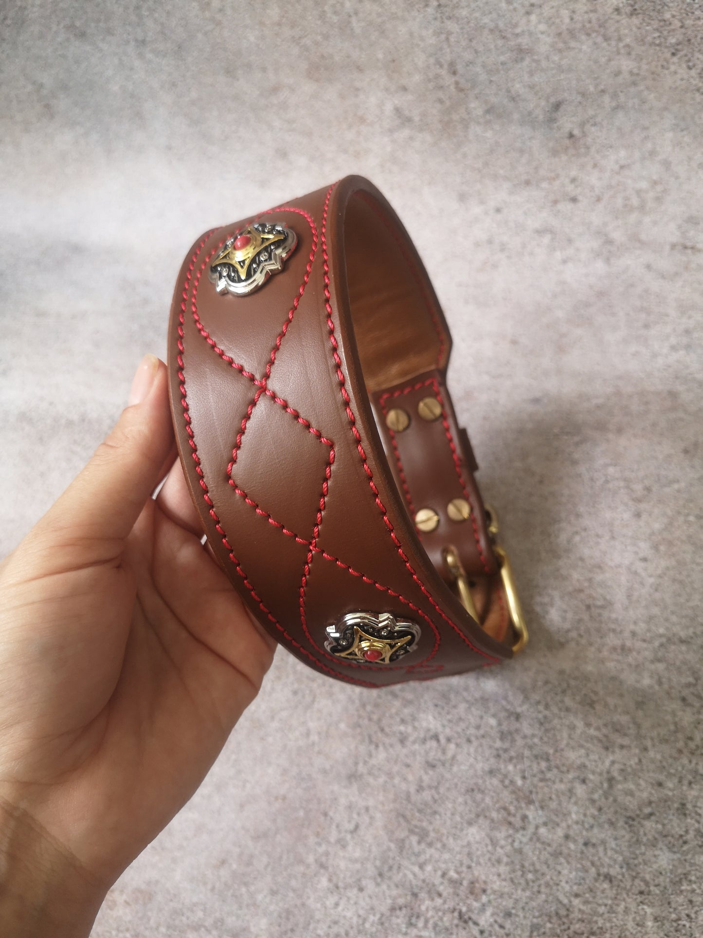 Brown Cognac Leather Dog Collar with Conchos