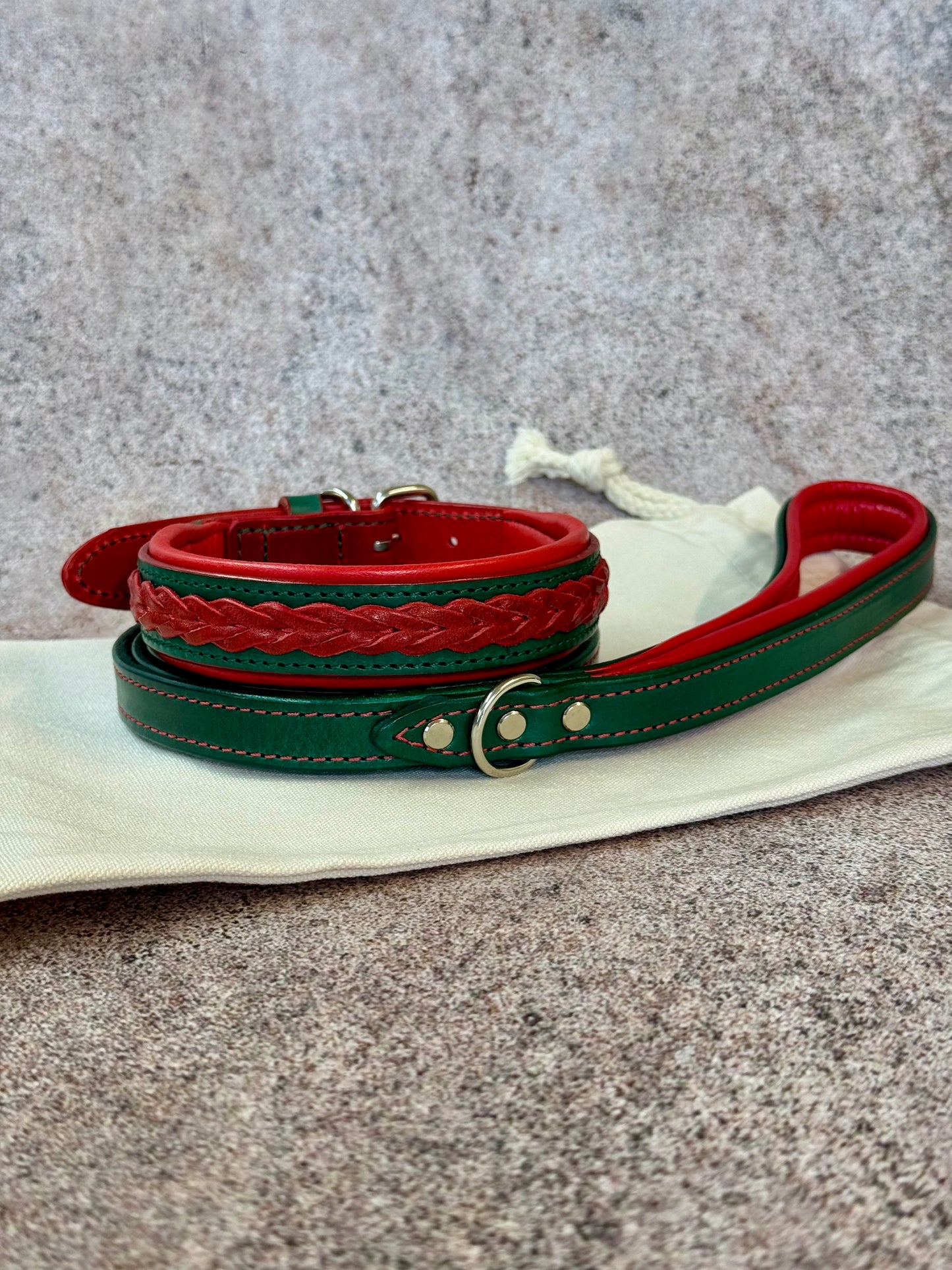 Christmas braided leather dog collar and leash set