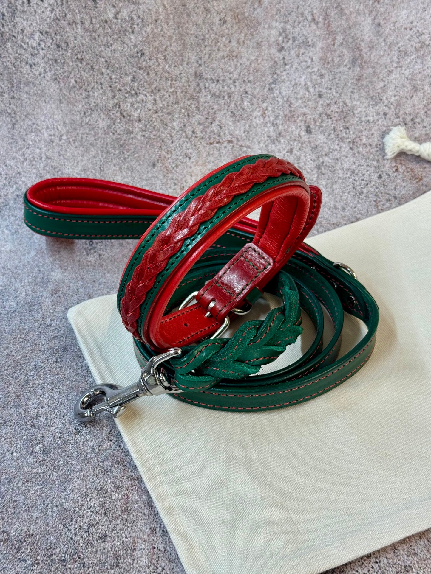 Christmas braided leather dog collar and leash set